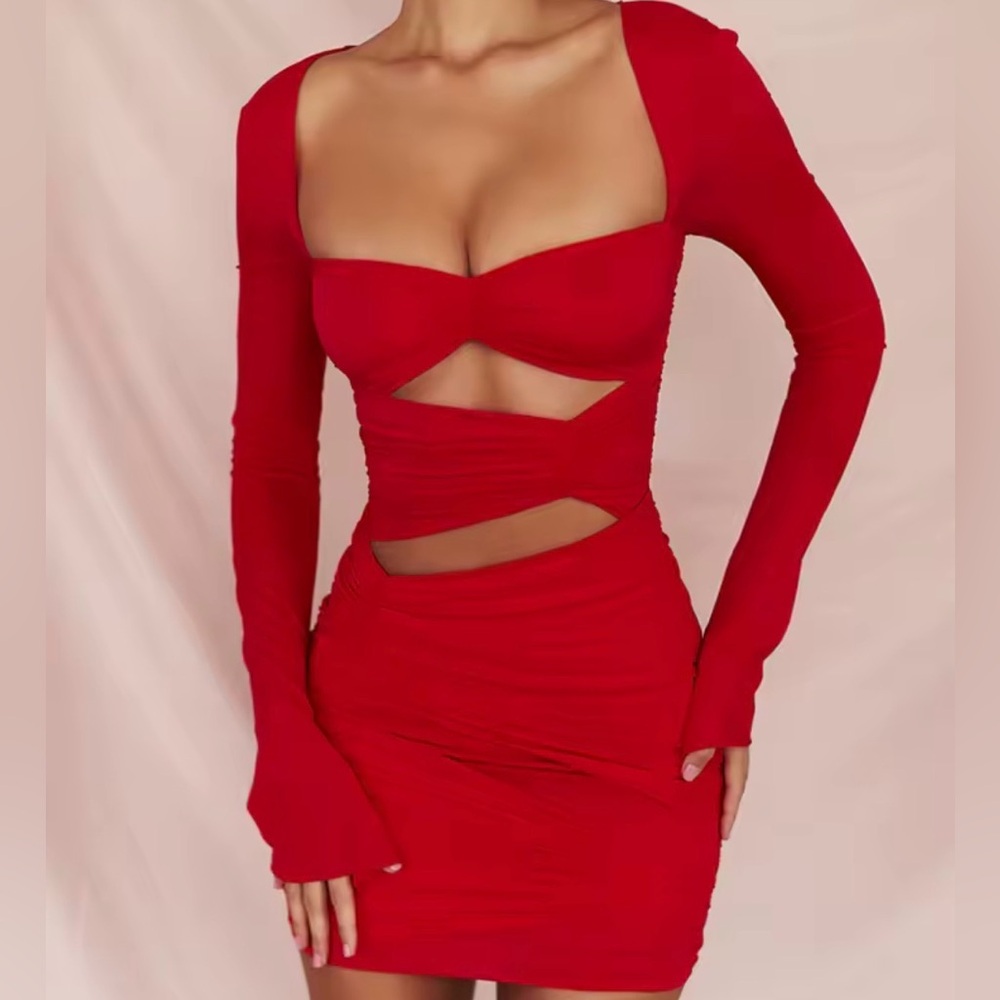 Red Cut Out Long Sleeve Bodycon Mini Dress